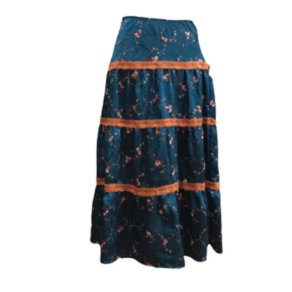 BOHO teal blue maxi skirt with lace and floral design embroidery Size XS - Picture 5 of 6